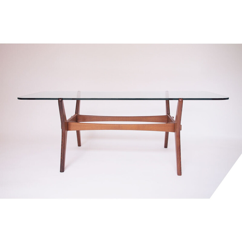 Tavolino scandinavo vintage in vetro e legno, 1960