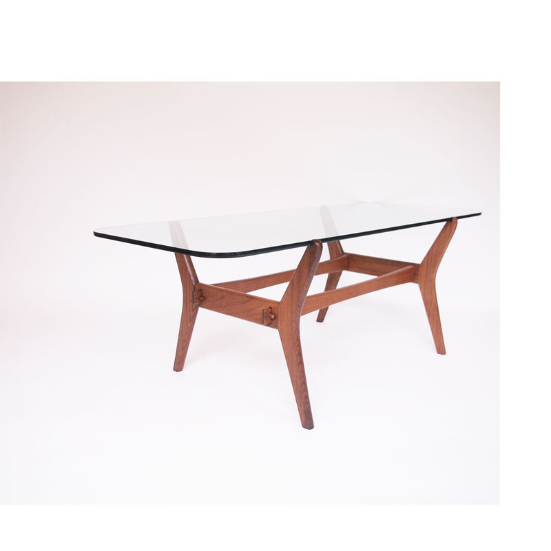 Scandinavian vintage coffee table in glass and wood, 1960