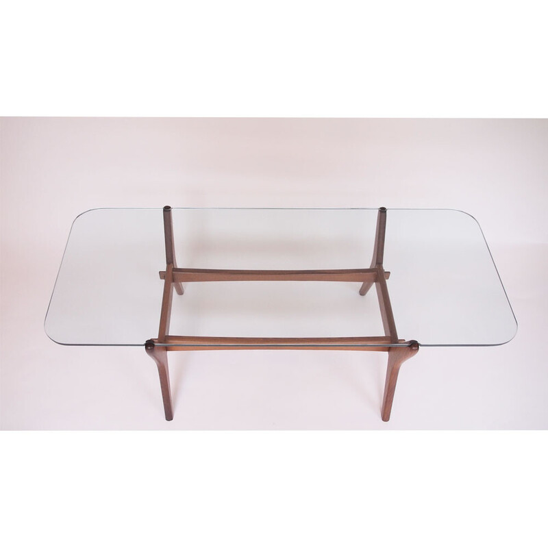 Scandinavian vintage coffee table in glass and wood, 1960