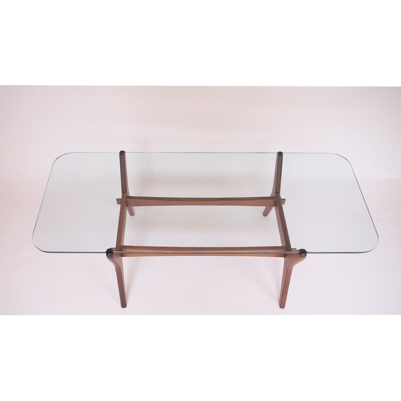 Scandinavische vintage salontafel van glas en hout, 1960