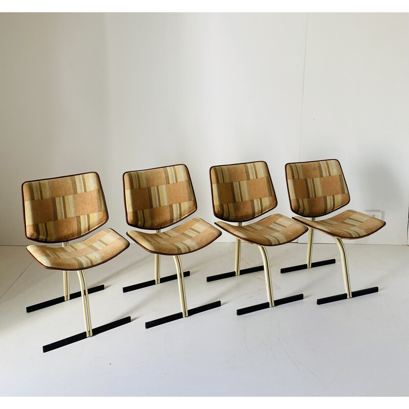 Vintage space-age dining set in wood, steel and fabric by Giovanni Offredi for Saporiti, Italy 1970s