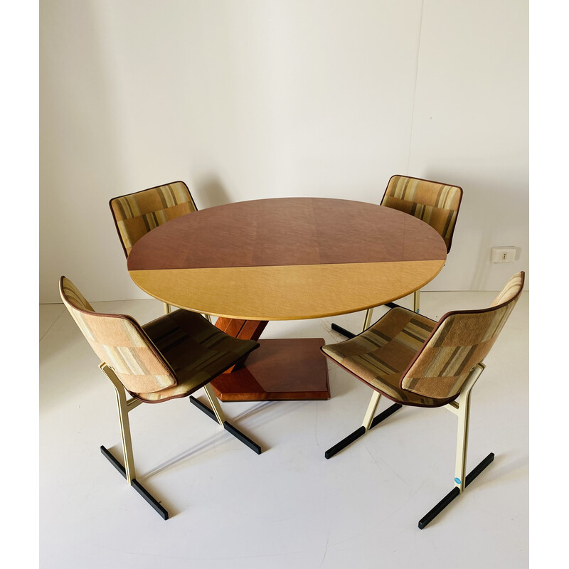 Vintage space-age dining set in wood, steel and fabric by Giovanni Offredi for Saporiti, Italy 1970s