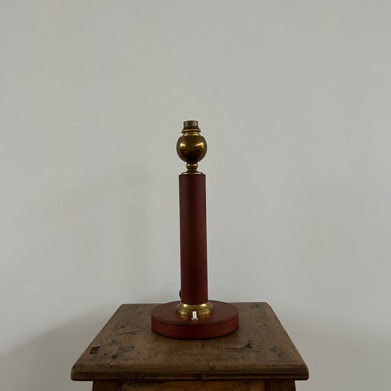 Lampe de table vintage en cuir et laiton, France 1960