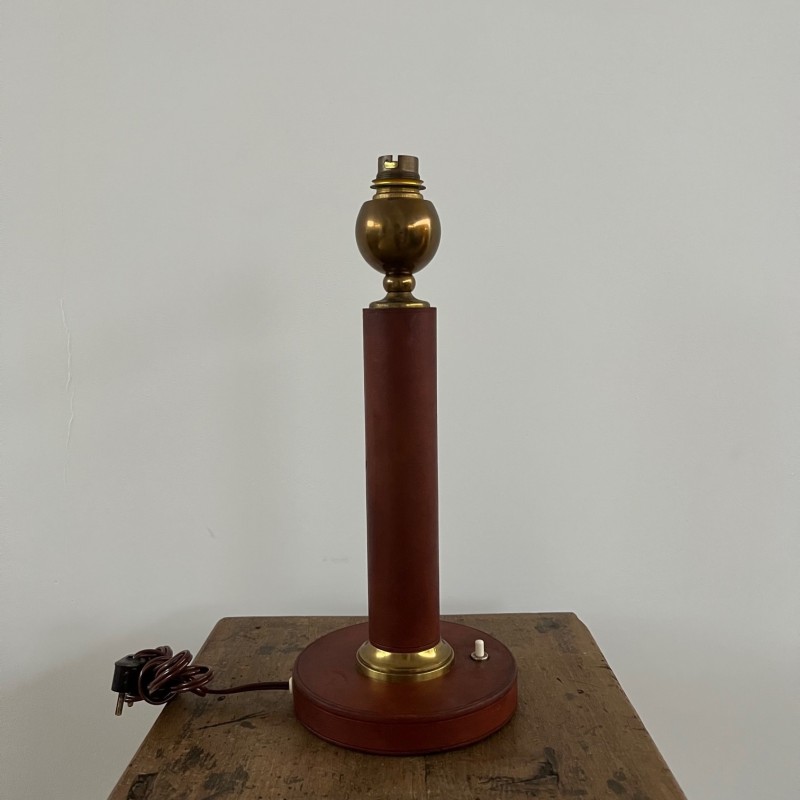 Lampe de table vintage en cuir et laiton, France 1960
