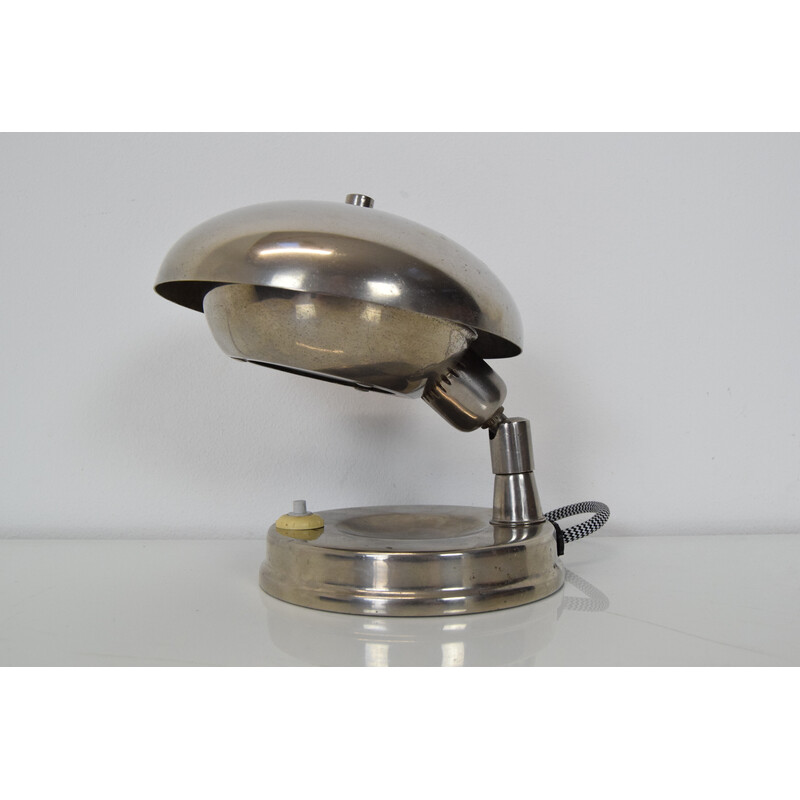 Lámpara de mesa Art Decó vintage en cromo, metal y cristal, Checoslovaquia años 30