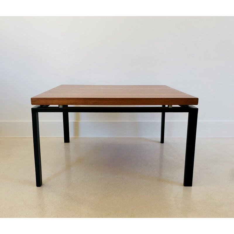 Square vintage coffee table in metal and walnut, Italy 1960