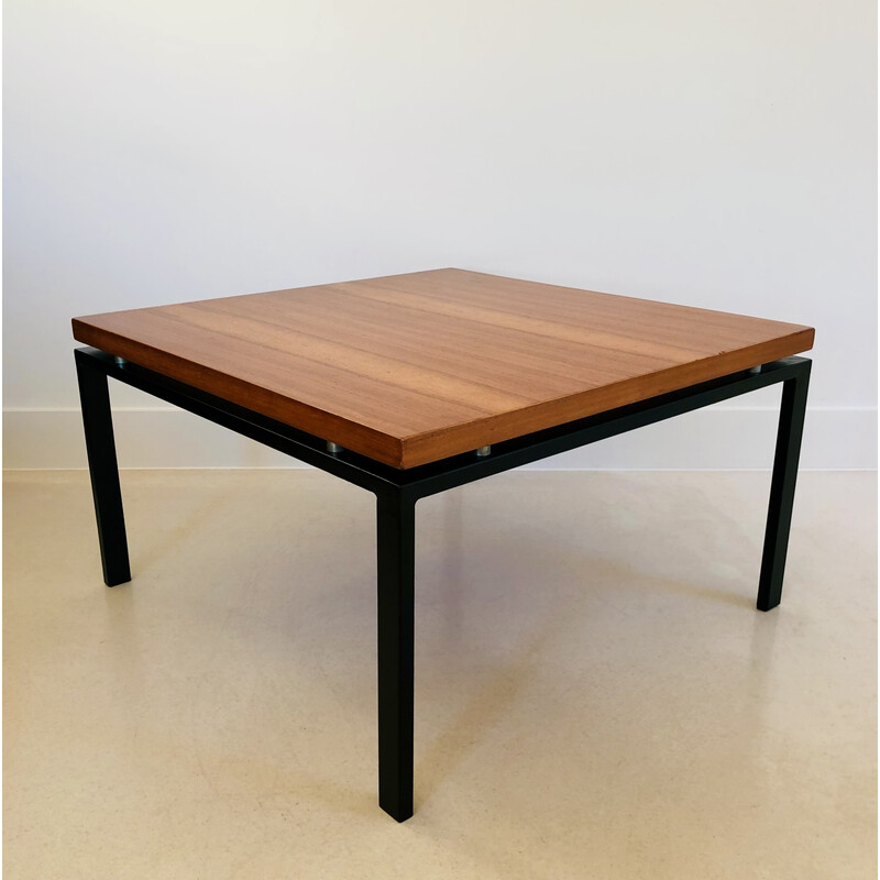 Square vintage coffee table in metal and walnut, Italy 1960