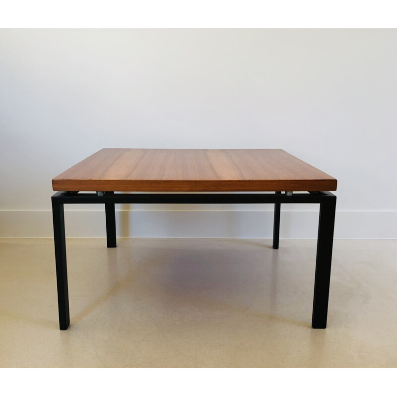 Square vintage coffee table in metal and walnut, Italy 1960