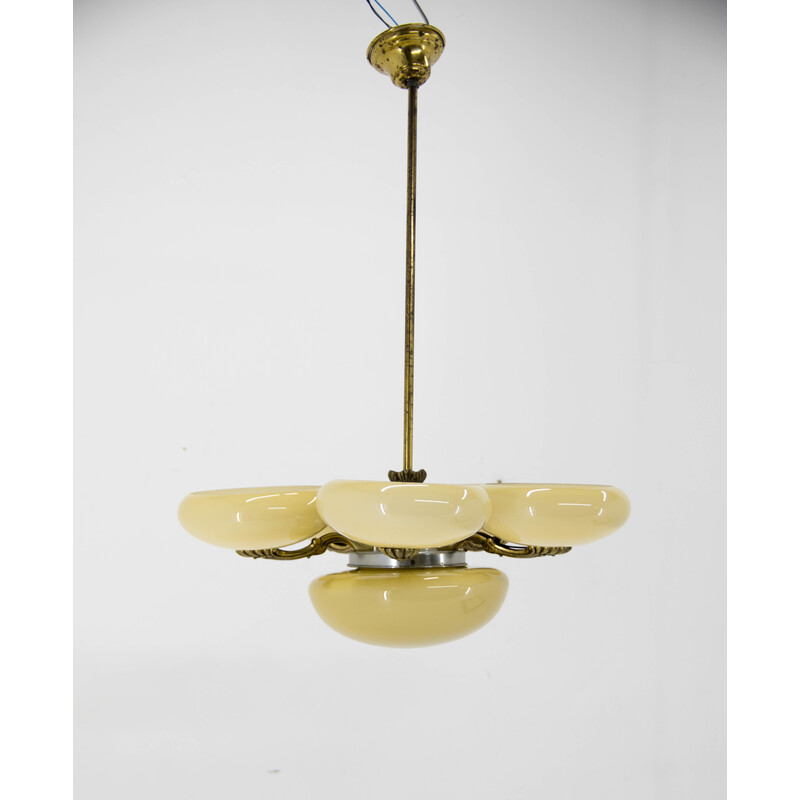 Ar Nouveau vintage brass and glass chandelier, 1930s