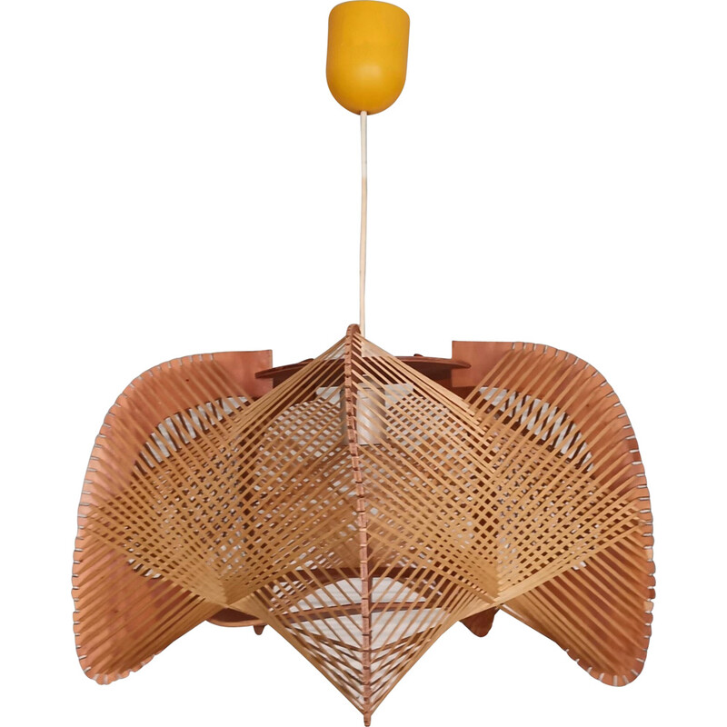 Portuguese mid century wood and straw pendant lamp, 1960s