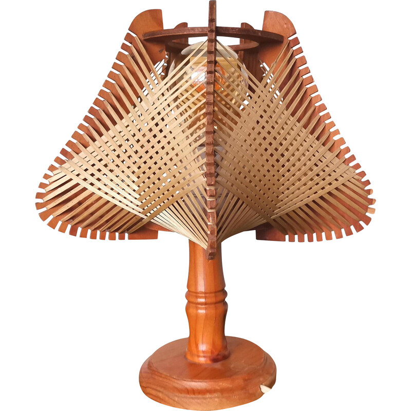 Portuguese mid century boho wood and straw table lamp, 1960s