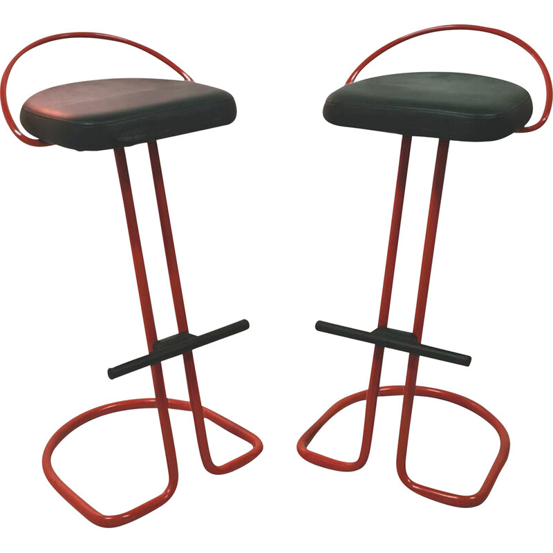Pair of vintage red lacquered metal and vinyl bar stools, 1980s