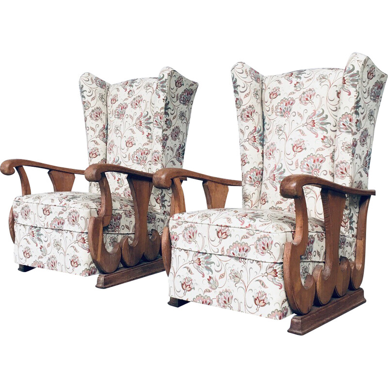 Pair of vintage high wing back armchairs, France 1900s