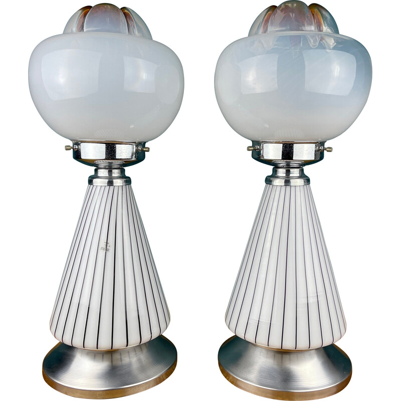 Paar vintage witte Murano glazen tafellampen Vetri Murano 004, Italië 1970