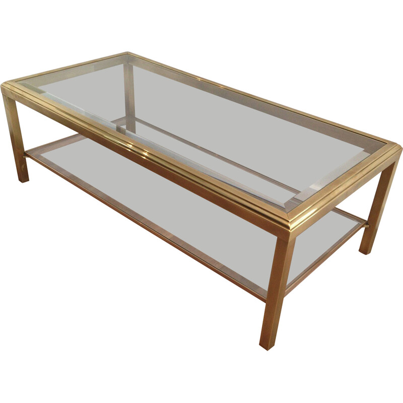 Vintage brass and glass coffee table with double top, 1970