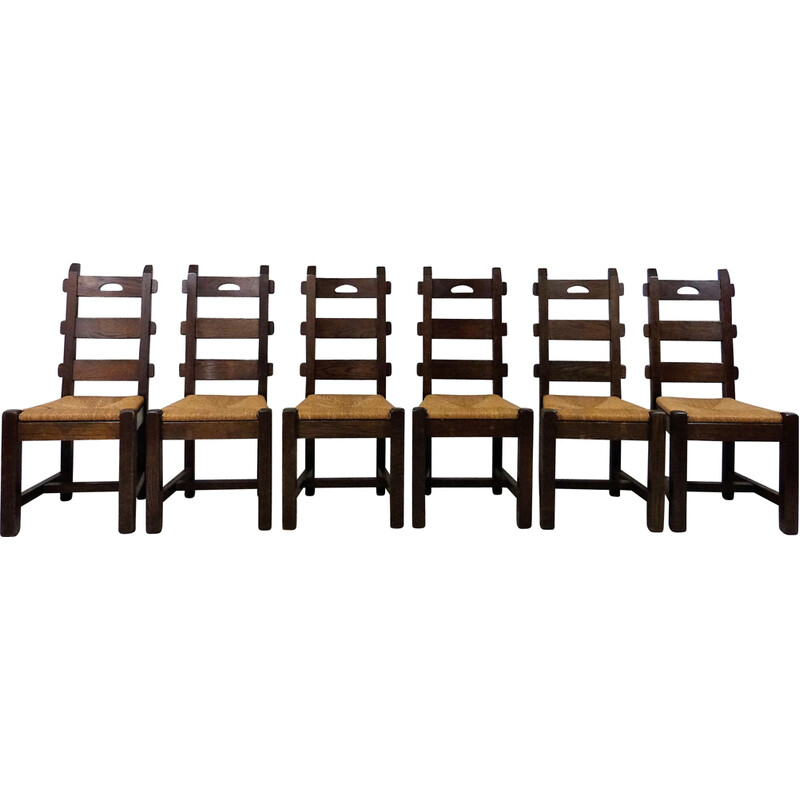 Conjunto de 6 cadeiras de carvalho e bengala vintage, década de 1970