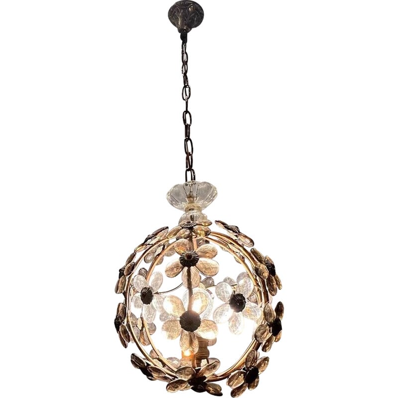 Vintage Murano glas en metalen bloem hanglamp, 1960