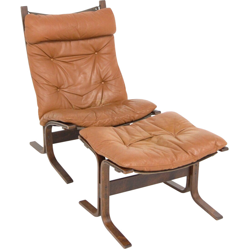 Vintage Siesta leather armchair with ottoman by Ingmar Relling, Norway 1960