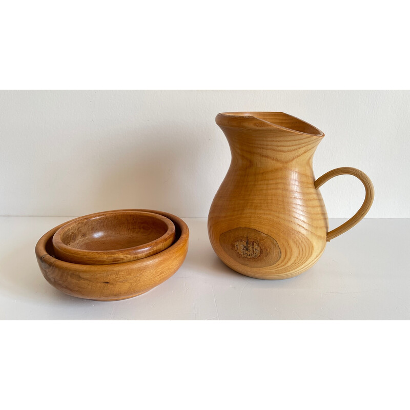 Set van 3 vintage gedraaide houten potten