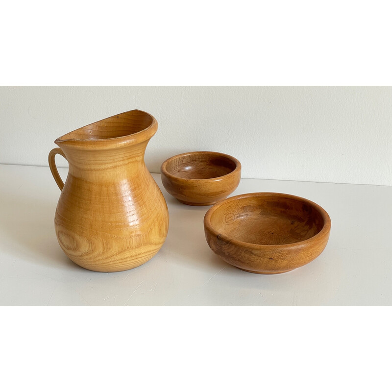 Set van 3 vintage gedraaide houten potten
