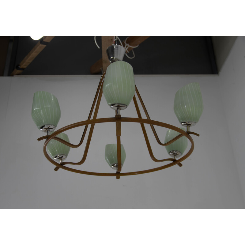 Mid-century wood and glass chandelier by Drevo Humpolec, 1960s
