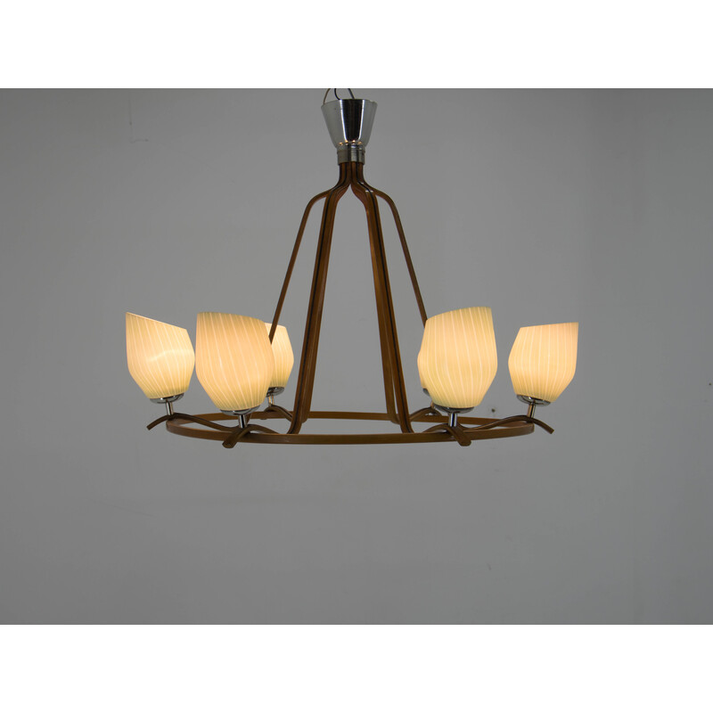 Mid-century wood and glass chandelier by Drevo Humpolec, 1960s