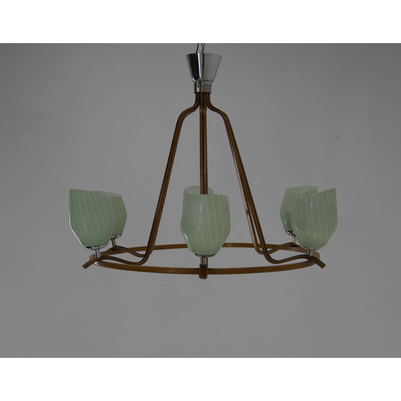 Mid-century wood and glass chandelier by Drevo Humpolec, 1960s