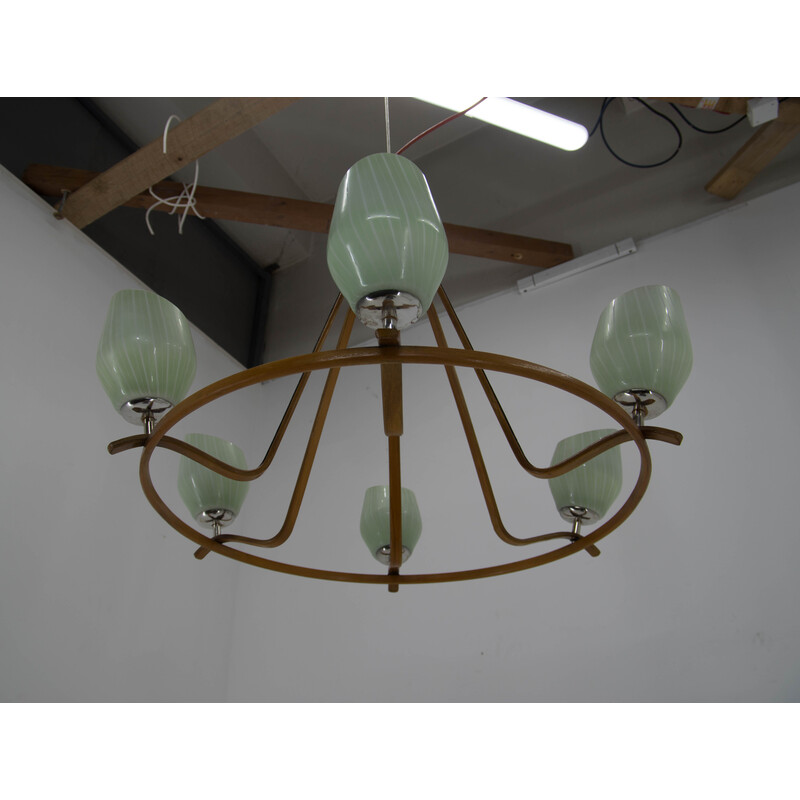 Mid-century wood and glass chandelier by Drevo Humpolec, 1960s