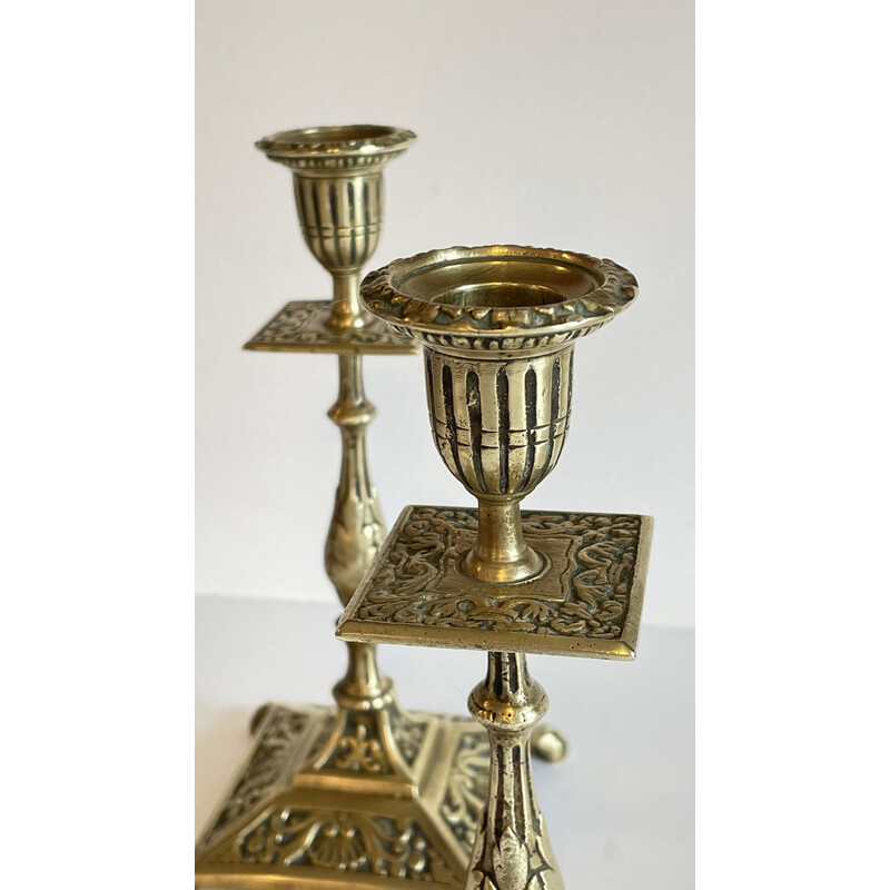 Pair of vintage lion pate candlesticks in solid brass