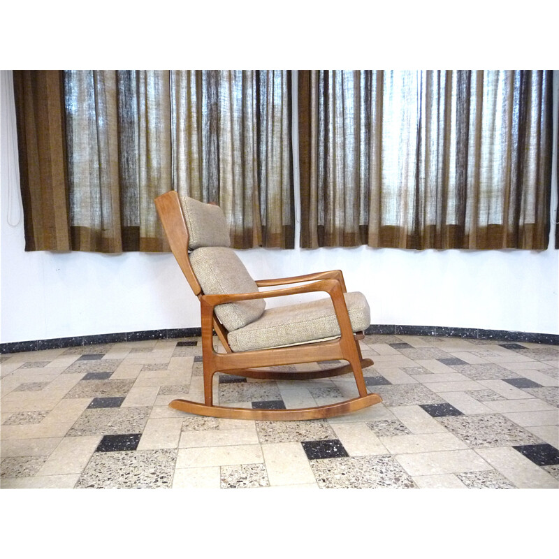 Beige rocking chair in wood and wool - 1960s