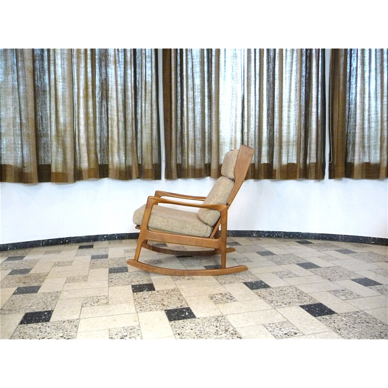 Chaise à bascule beige en bois et en laine - 1960