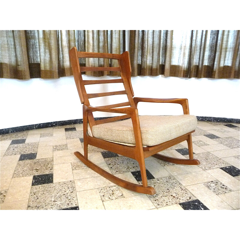 Beige rocking chair in wood and wool - 1960s