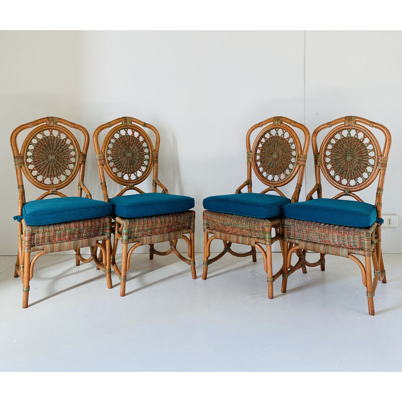 Conjunto de 4 cadeiras de jantar rattan vintage, década de 1960