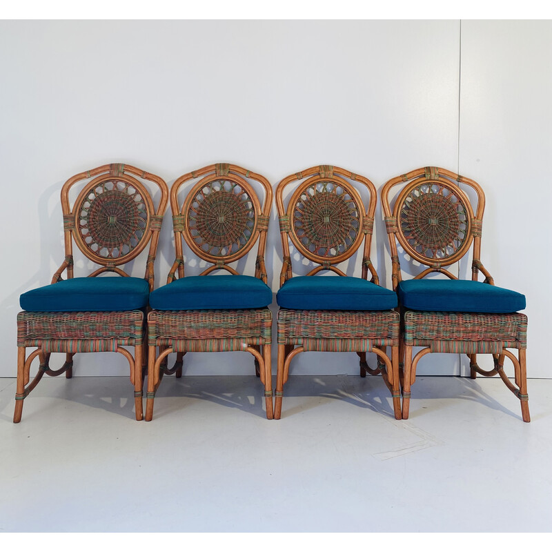 Conjunto de 4 cadeiras de jantar rattan vintage, década de 1960