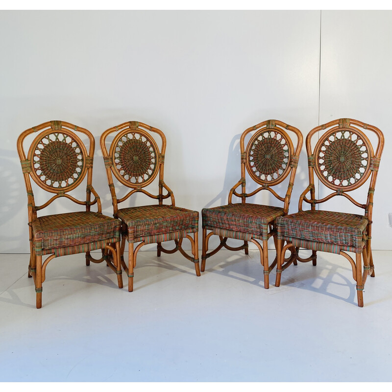 Conjunto de 4 cadeiras de jantar rattan vintage, década de 1960