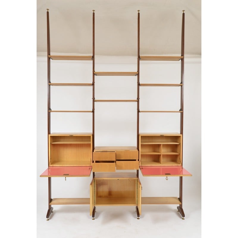 Vintage teak and brass shelving system, Italy 1950s