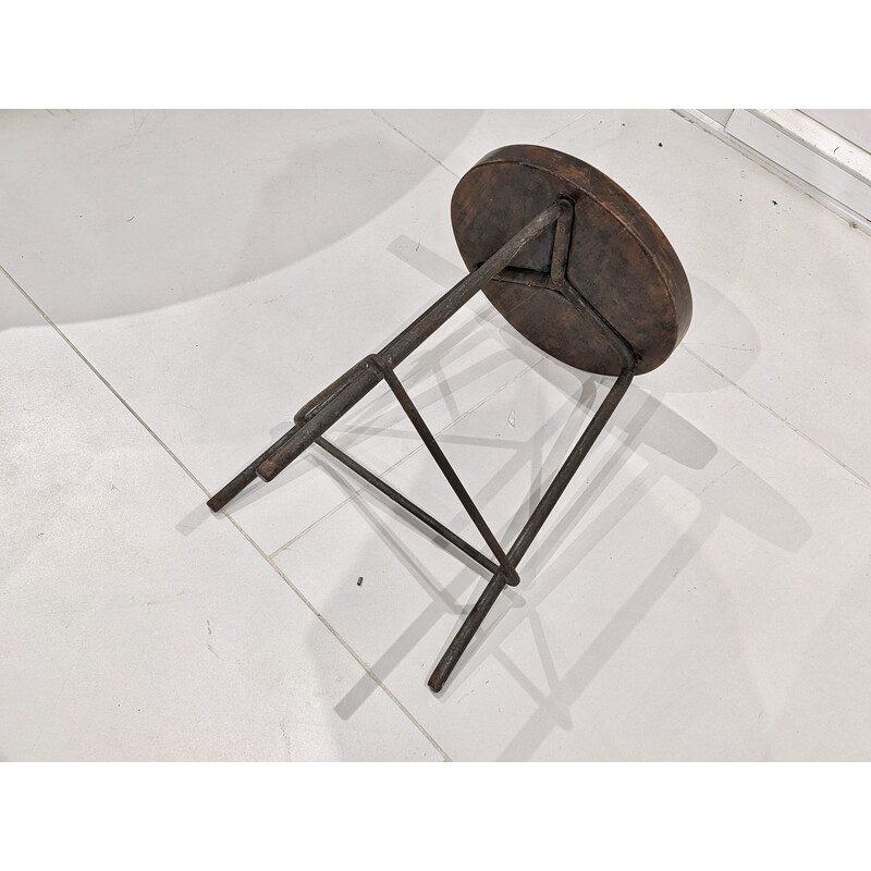 Vintage metal and teak stool by Pierre Jeanneret, India 1960s