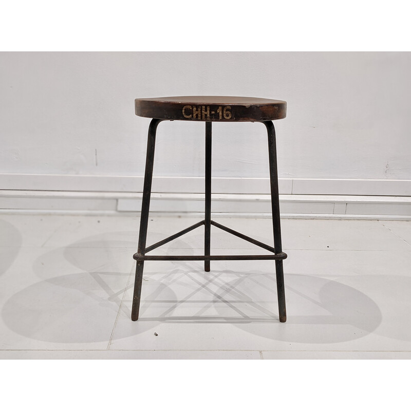 Vintage metal and teak stool by Pierre Jeanneret, India 1960s