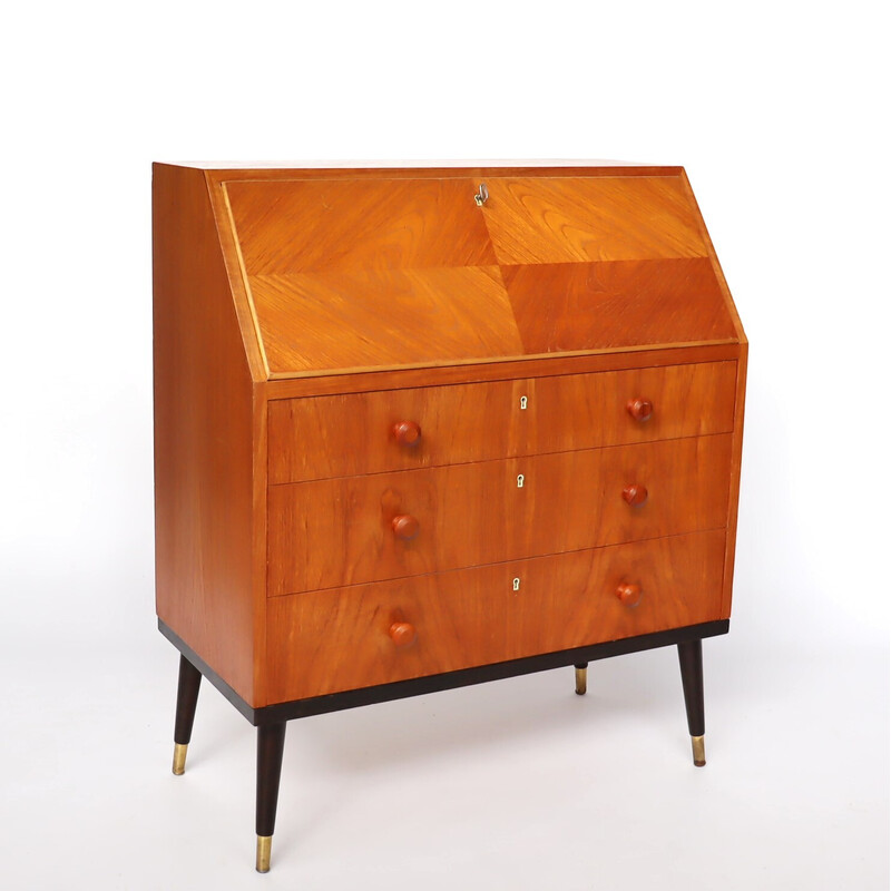 Scandinavian teak and brass secretary, Sweden 1950s