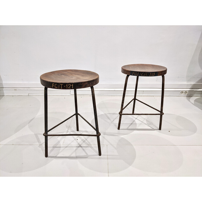 Pair of vintage metal and teak stools by Pierre Jeanneret, India 1960