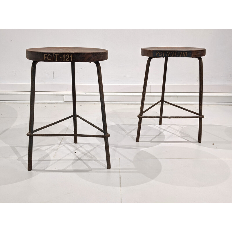 Pair of vintage metal and teak stools by Pierre Jeanneret, India 1960