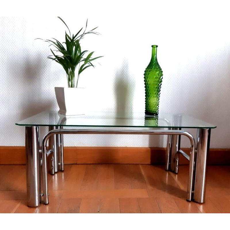 Mesa de café Vinatge em vidro e metal tubular, 1970