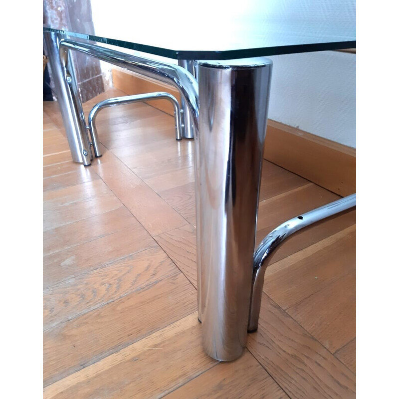 Vinatge coffee table in glass and tubular metal, 1970