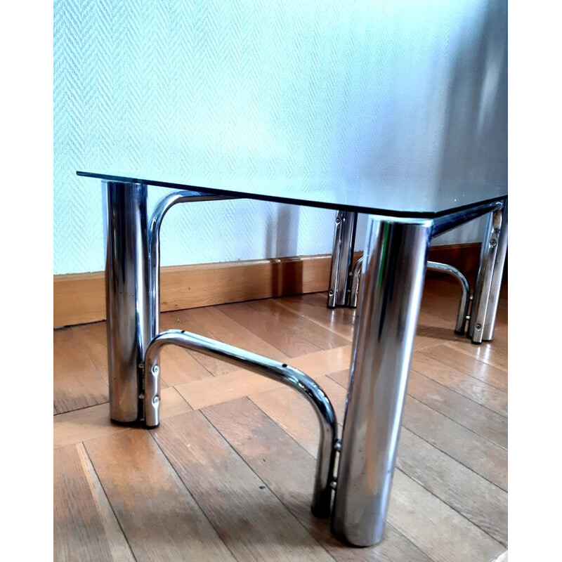 Vinatge coffee table in glass and tubular metal, 1970