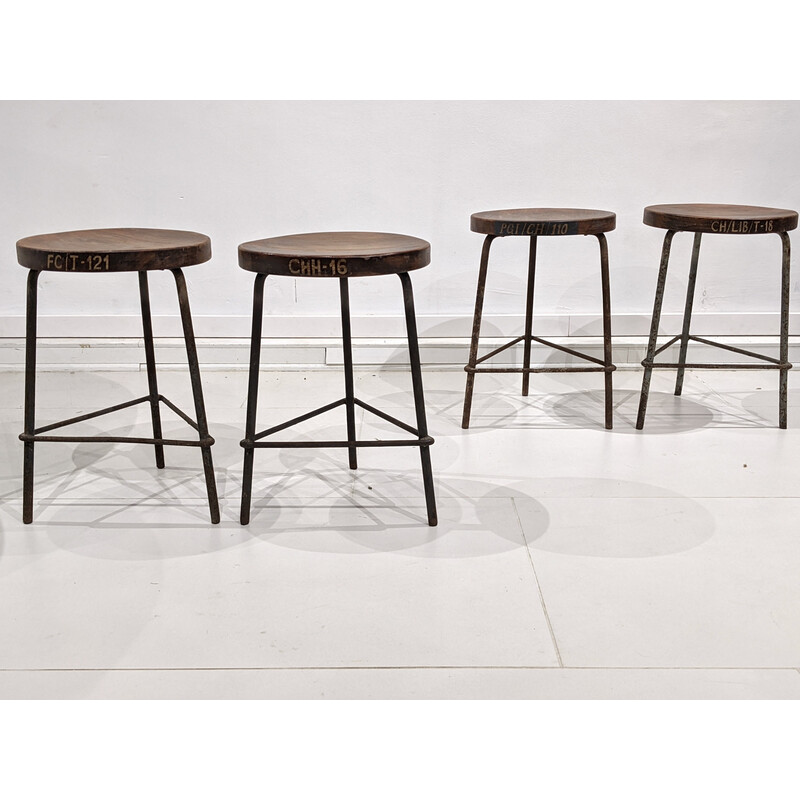 Set of 4 vintage metal and teak stools by Pierre Jeanneret, India 1960