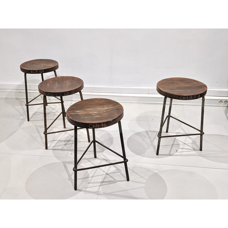 Set of 4 vintage metal and teak stools by Pierre Jeanneret, India 1960