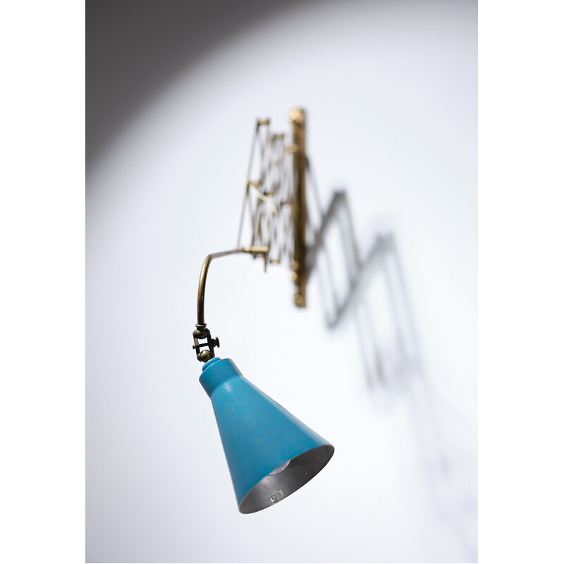 Lampada a forbice da parete italiana vintage in ottone e paralume blu, anni '50