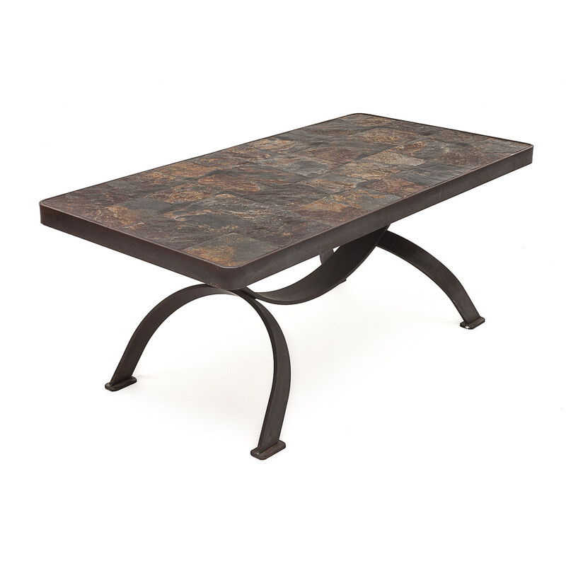 Vintage Brutalist coffee table in raw slate by Jacques Adnet, 1950