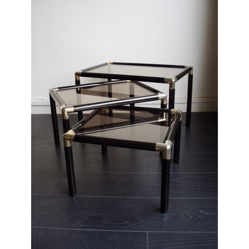 Set of 3 nesting tables in metal and smoked glass - 1970s
