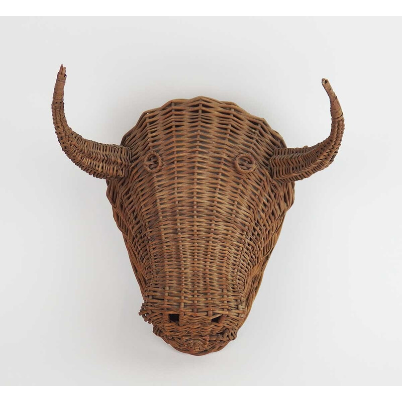 Cabeza de toro de mimbre vintage, 1950-1960